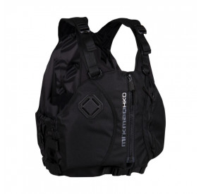 Blue life jacket with front zipper, multiple pockets, and side adjustment for a secure fit in whitewater.