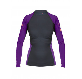 Eng anliegendes Neopren-Langarmshirt mit schwarzem Rumpf, violetten Ärmeln, elastischem Material, sportlicher Passform.