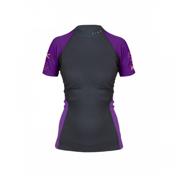 Kurzärmeliges Neopren-Paddelshirt mit schwarzem Rumpf, violetten Seiteneinsätzen, sportlichem Schnitt und elastischem Material.