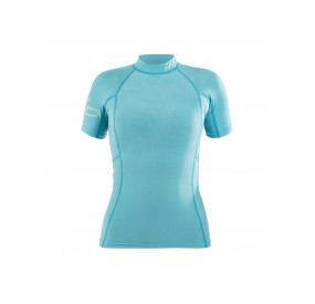 Turquoise short-sleeved functional shirt with a figure-hugging cut and elastic material for athletic performance.