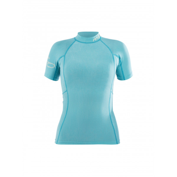 Türkises Kurzarm-Funktionsshirt mit figurbetontem Schnitt und elastischem Material für sportliche Performance.