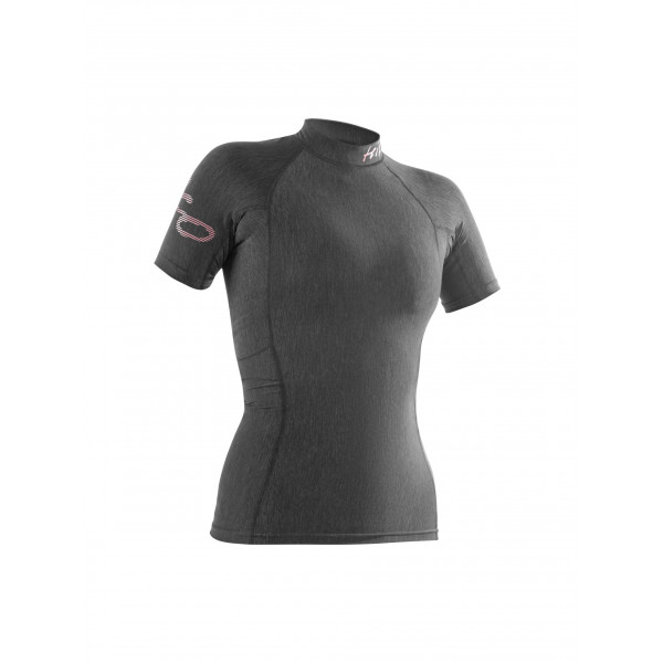 Schwarzes Kurzarm-Funktionsshirt mit Stehkragen, tailliertem Schnitt und elastischem Material für Training und Sport.