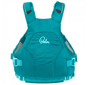 Türkisfarbene Schwimmweste mit großer Fronttasche, seitlicher Verstellung und sportlichem Design für Wildwasser und Training.