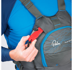 Türkisfarbene Schwimmweste mit großer Fronttasche, seitlicher Verstellung und sportlichem Design für Wildwasser und Training.