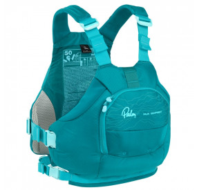 Türkisfarbene Schwimmweste mit großer Fronttasche, seitlicher Verstellung und sportlichem Design für Wildwasser und Training.