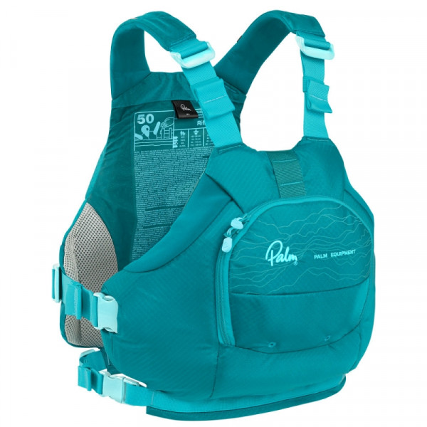 Türkisfarbene Schwimmweste mit großer Fronttasche, seitlicher Verstellung und sportlichem Design für Wildwasser und Training.