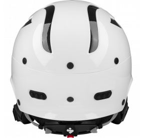 Weißer Wildwasser-Helm mit verlängertem Schirm, Ohrenschutz und verstellbarem Kinnriemen für optimalen Schutz.