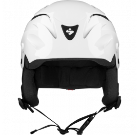 Weißer Wildwasser-Helm mit verlängertem Schirm, Ohrenschutz und verstellbarem Kinnriemen für optimalen Schutz.
