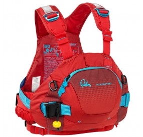 Red life jacket with large front pocket, numerous attachment points, and secure fit in whitewater.
