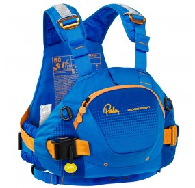 Blue life jacket with large front pocket, numerous attachment points, and secure fit in whitewater.
