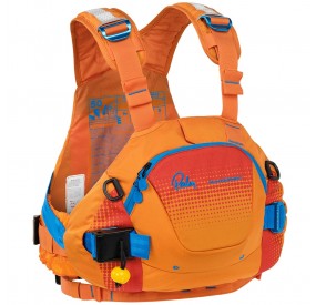 Orange life jacket with large front pocket, numerous attachment points, and secure fit in whitewater.