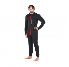 Black sports jumpsuit with red zipper, close-fitting cut, and functional material for intensive outdoor use.