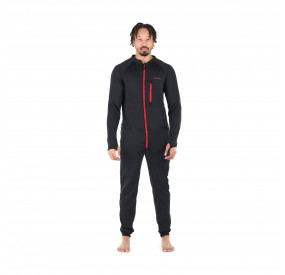 Black sports jumpsuit with red zipper, close-fitting cut, and functional material for intensive outdoor use.