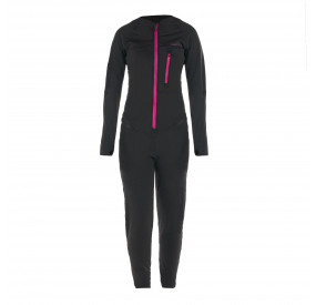 Black women's jumpsuit with red zipper, figure-hugging cut, and flexible functional material for sports and leisure.