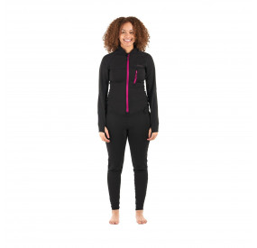 Black women's jumpsuit with red zipper, figure-hugging cut, and flexible functional material for sports and leisure.