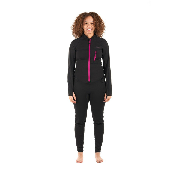 Schwarzer Damen-Overall mit rotem Reißverschluss, figurbetontem Schnitt und flexiblem Funktionsmaterial für Sport und Freizeit.