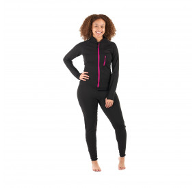 Schwarzer Damen-Overall mit rotem Reißverschluss, figurbetontem Schnitt und flexiblem Funktionsmaterial für Sport und Freizeit.