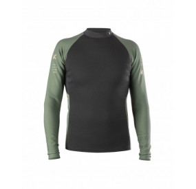 Langärmeliges Neopren-Paddelshirt mit schwarzem Rumpf, olivgrünen Ärmeln und athletischer, enganliegender Passform.