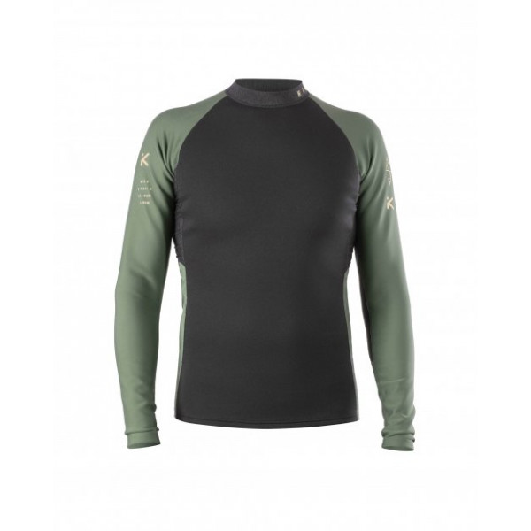 Langärmeliges Neopren-Paddelshirt mit schwarzem Rumpf, olivgrünen Ärmeln und athletischer, enganliegender Passform.