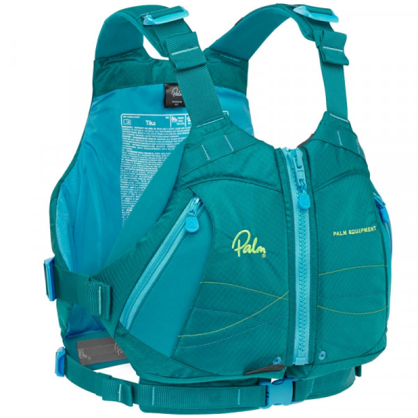 Turquoise life jacket with front zipper, side adjustment, and well-designed pockets for safe use in whitewater.