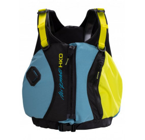 Blaue Schwimmweste mit Frontreißverschluss, mehreren Taschen und seitlicher Verstellung für sicheren Sitz im Wildwasser.