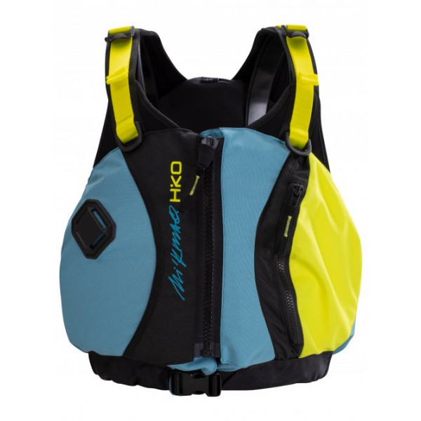 Blaue Schwimmweste mit Frontreißverschluss, mehreren Taschen und seitlicher Verstellung für sicheren Sitz im Wildwasser.