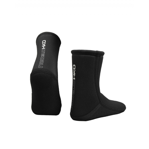 Black neoprene socks with high shaft, flexible fit, and non-slip sole for water sports.