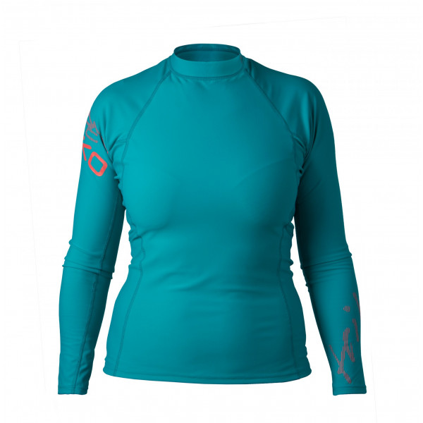 Turquoise Lycra long-sleeved shirt with stand-up collar, figure-hugging cut, and elastic material for athletic performance.