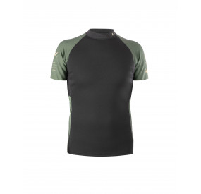 Kurzärmeliges Neopren-Shirt mit schwarzem Rumpf, olivgrünen Ärmeln und sportlich-taillierter Passform.