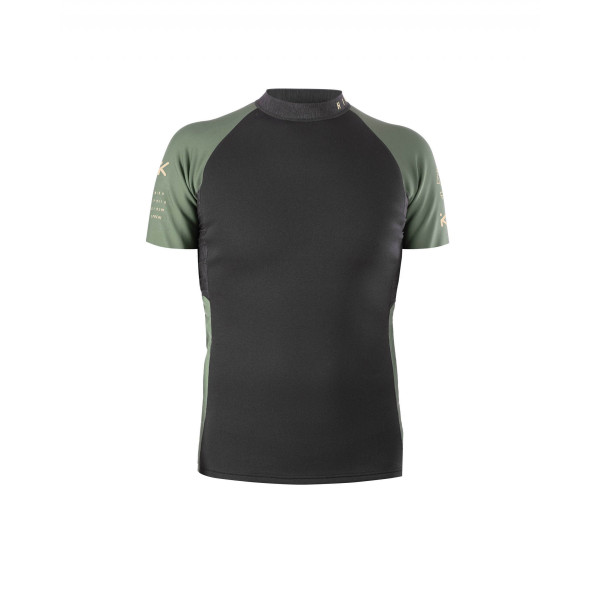 Kurzärmeliges Neopren-Shirt mit schwarzem Rumpf, olivgrünen Ärmeln und sportlich-taillierter Passform.