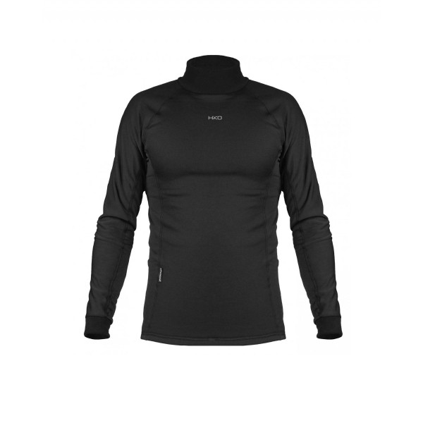 Schwarzes Fleece-Langarmshirt mit Stehkragen, schmalem Schnitt und wärmendem Material für Training bei kühlen Bedingungen.