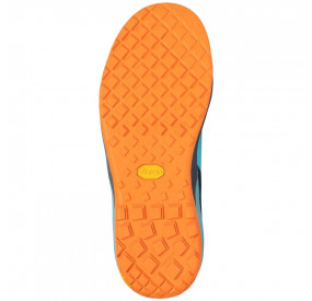 Robust outdoor shoe in gray with turquoise-orange accents, high shaft, and grippy treaded sole for secure footing.