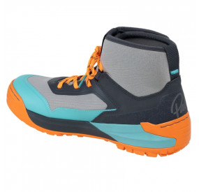 Robust outdoor shoe in gray with turquoise-orange accents, high shaft, and grippy treaded sole for secure footing.