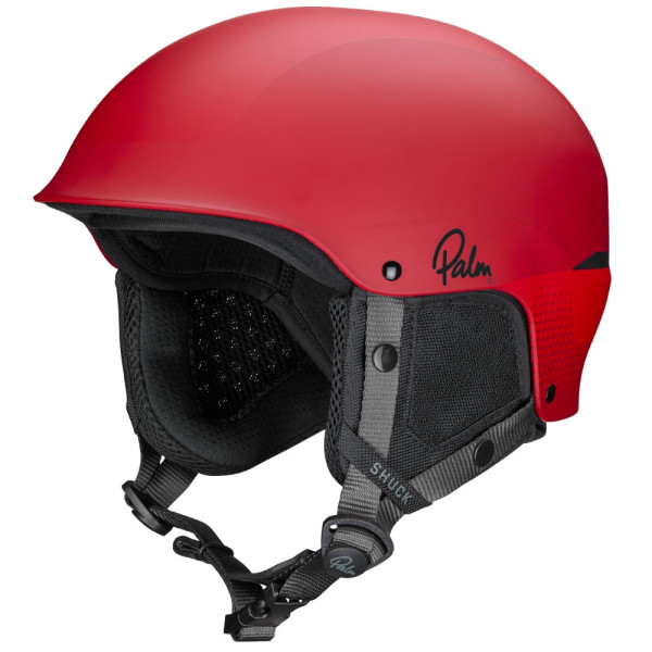 Red whitewater helmet with a sturdy hard shell, ear protection, and adjustable chin strap for maximum protection.