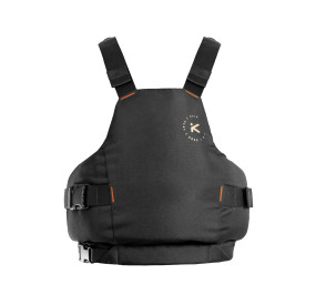 Frontansicht einer schwarzen Schwimmweste mit zentraler Tasche, seitlicher Verstellung und robustem Frontpanel.