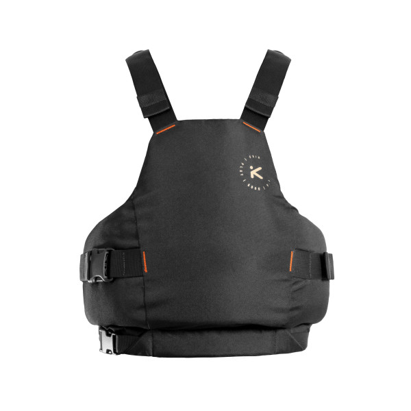 Frontansicht einer schwarzen Schwimmweste mit zentraler Tasche, seitlicher Verstellung und robustem Frontpanel.