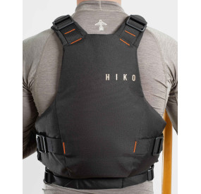 Frontansicht einer gelben Schwimmweste mit zentraler Tasche, seitlicher Verstellung und robustem Frontpanel.