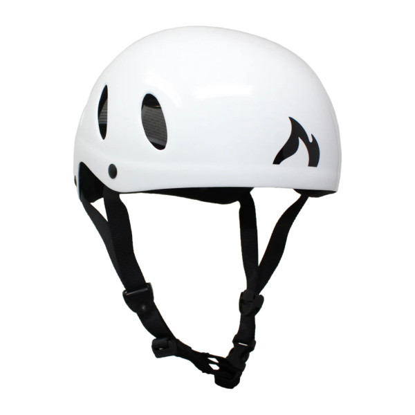 Weißer Slalom-Helm mit Belüftungsöffnungen, robuster Schale und verstellbarem Kinnriemen für sicheren Sitz.