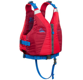 Red life jacket with front zipper, adjustable straps, and integrated safety line for whitewater use.