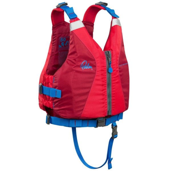 Red life jacket with front zipper, adjustable straps, and integrated safety line for whitewater use.