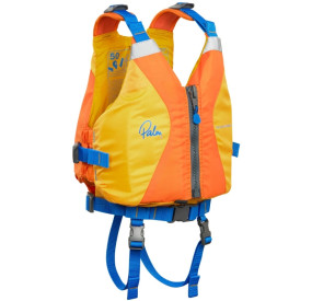 Gelbe Schwimmweste mit Frontreißverschluss, verstellbaren Gurten und integrierter Sicherheitsleine für Wildwasser-Einsatz.