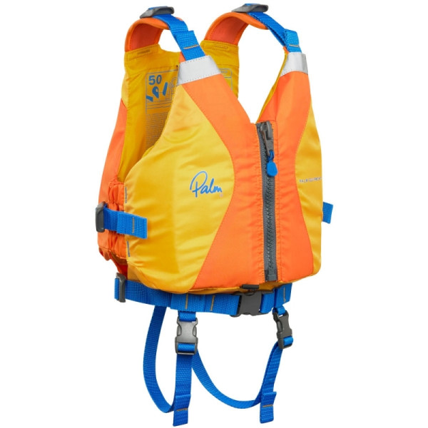 Yellow life jacket with front zipper, adjustable straps, and integrated safety line for whitewater use.