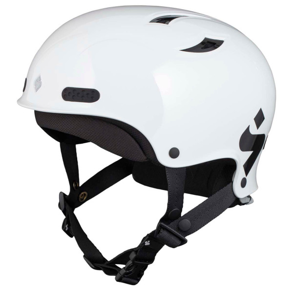 White whitewater helmet with a sturdy hard shell, adjustable chin strap, and secure fit for maximum protection.