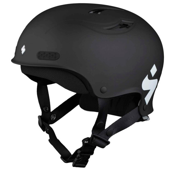 Black whitewater helmet with a sturdy hard shell, adjustable chin strap, and secure fit for maximum protection.