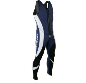 Blue neoprene pants with front zipper, ergonomic inserts, and high-contrast design for water sports.