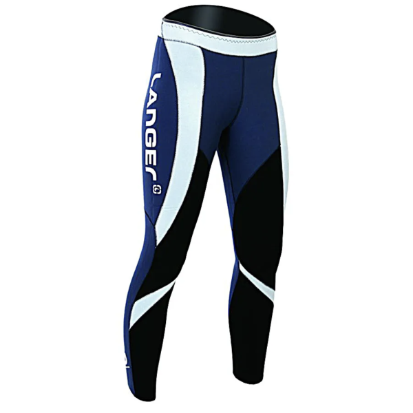 Blue neoprene leggings with ergonomic inserts, contrast stitching, and a sporty fit for ambitious water sports.