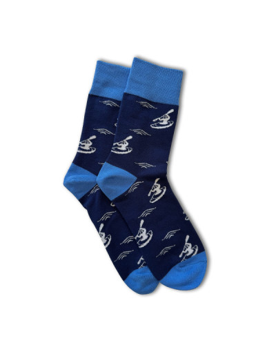 Blue sports socks with graphic pattern, elastic cuff, and reinforced heel for optimal support and comfort.