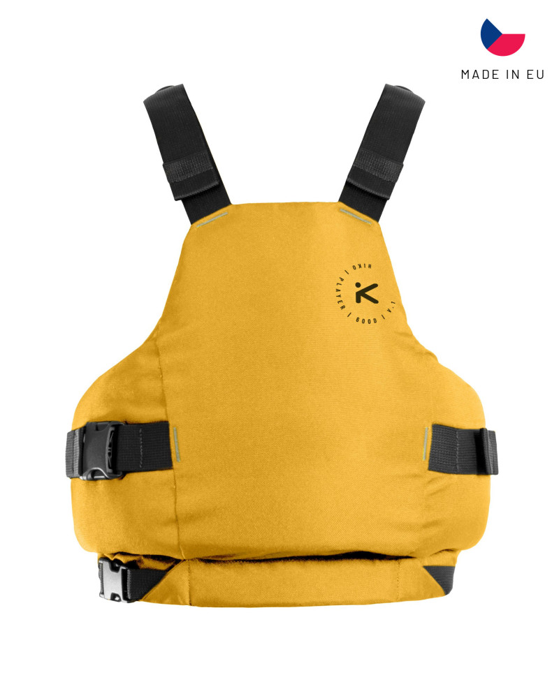 Frontansicht einer gelben Schwimmweste mit zentraler Tasche, seitlicher Verstellung und robustem Frontpanel.