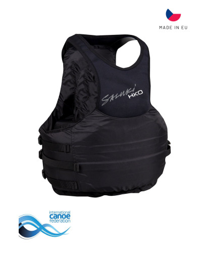 Schwarze Slalom-Schwimmweste mit schlankem Schnitt und sicherem Sitz für maximale Bewegungsfreiheit im Wettkampf.