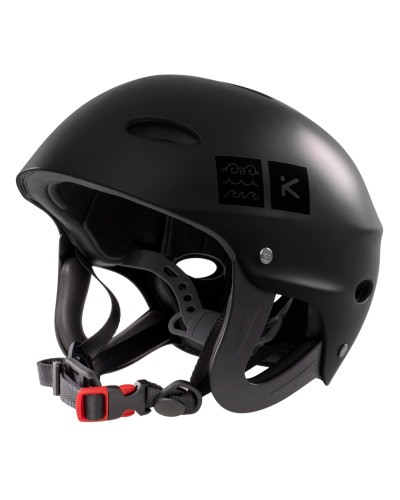 Black whitewater helmet with ear protection, sturdy shell, and adjustable chin strap for a secure, stable fit.